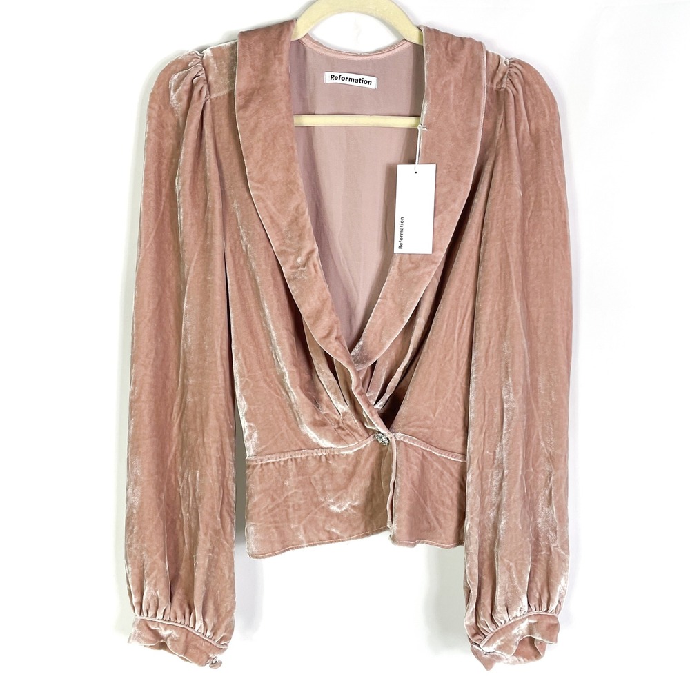 Reformation Anastasia Wrap Top Velvet Long Sleeve‎ Blouse Blush Pink Sz L